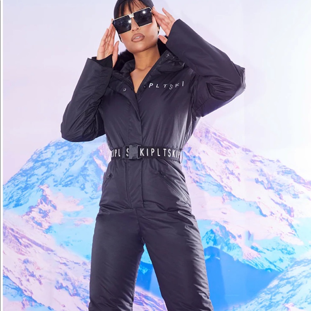 Ski Black Faux Fur Hooded Belted Snow Suit